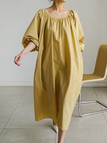 Original Casual Loose Solid Color Pleated Puff Sleeves Midi Dress