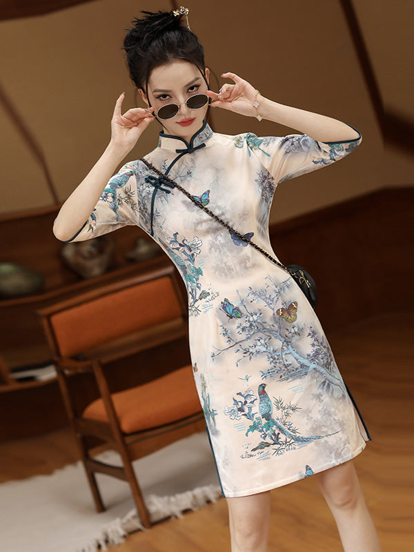 Original Half Sleeves Animal Printed Split-Side Stand Collar Short Cheongsams