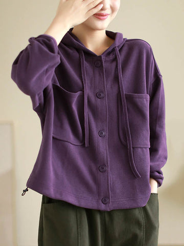 Buttoned Drawstring Pockets Solid Color Hooded Long Sleeves Outerwear