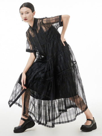 Original Solid Color Hollow See-Through Thin Midi Dress