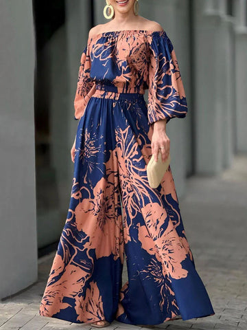 Loose Contrast Color Elasticity Floral Printed Off-The-Shoulder Shirts&Pants Suits