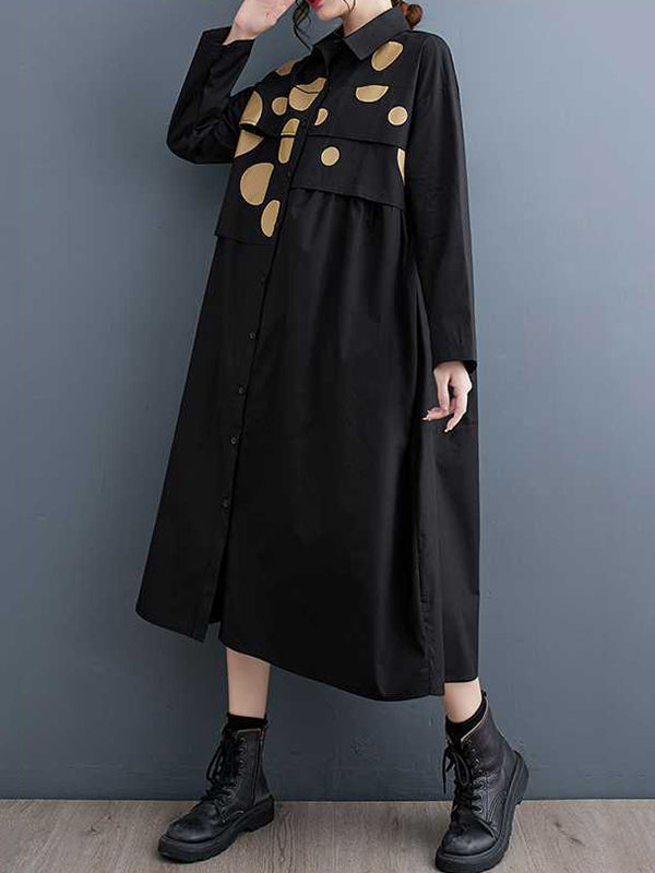 Asymmetric Buttoned Polka Dot Split-Joint A-Line Long Sleeves Lapel Midi Dresses