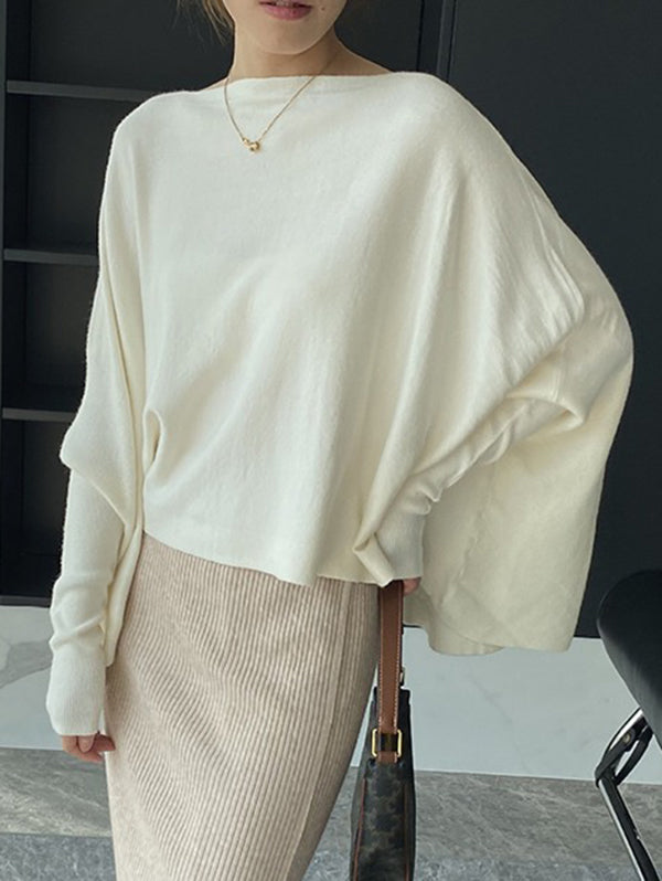 Solid Color Batwing Sleeves High-Low Boat Neck Sweater Pullovers Knitwear