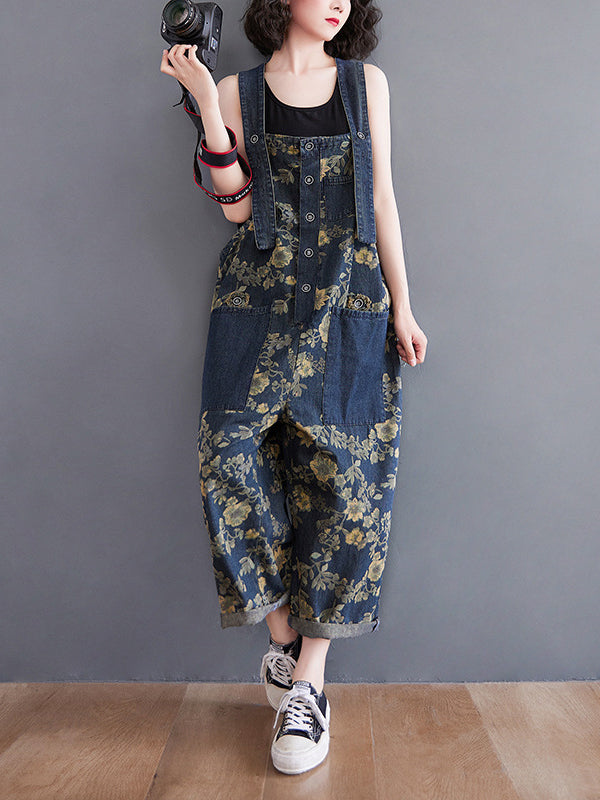 Floral Printed Oversize Denim Overalls