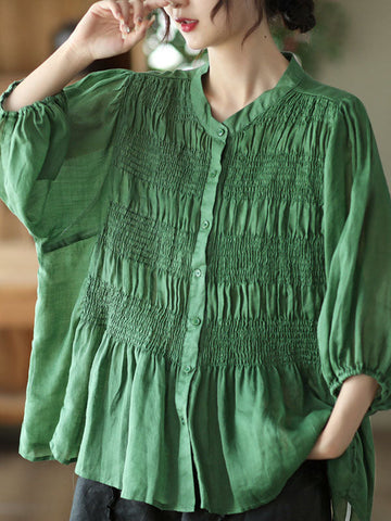 Pleated Solid Color Split-Joint Loose Three-Quarter Sleeves Stand Collar Blouses&Shirts Tops