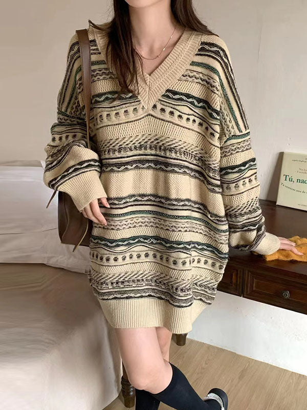 Striped Velvet Long Sleeves Loose V-Neck Sweater Dresses Pullovers