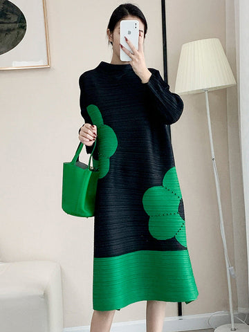 Original Long Sleeves Loose Contrast Color Pleated Beaded Stand Collar Midi Dresses