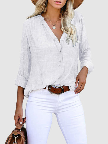 Buttoned Pockets Solid Color Long Sleeves Loose V-Neck Blouses&Shirts Tops