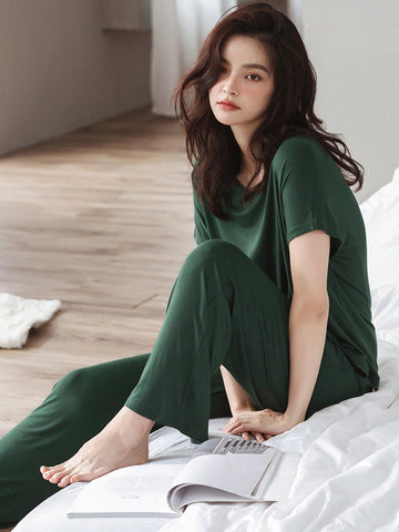 Casual Short Sleeves Solid Color V-Neck T Shirt Top&Drawstring Pants Pajamas Set