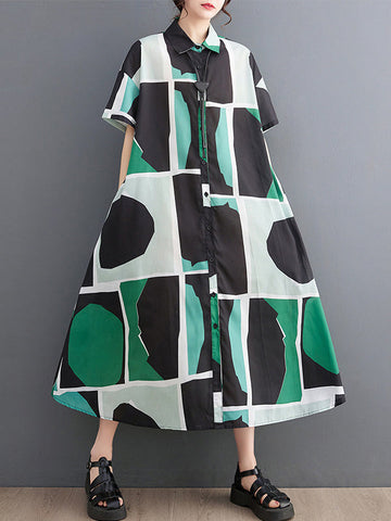 Color-Block Printed Loose Oversize Lapel Shirt Dress Midi Dresses