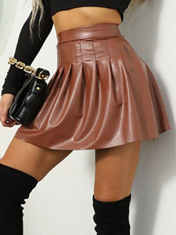 Pleated Solid Color Split-Joint A-line High Waisted Skirts