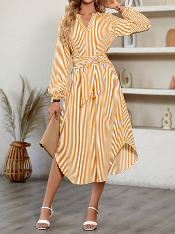 Striped Tied Waist A-Line Long Sleeves V-Neck Shirt Dress Midi Dresses