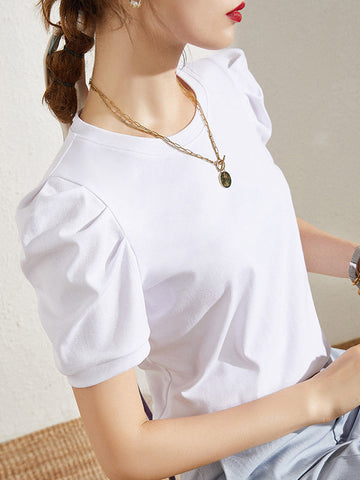 Original Simple Loose Solid Color Puff Sleeves T-Shirt Top