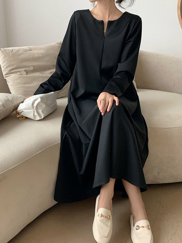 Hollow Pure Color A-Line Long Sleeves V-Neck Midi Dresses