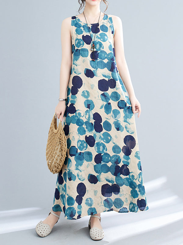 Polka-Dot Loose Sleeveless Round-Neck Maxi Dresses