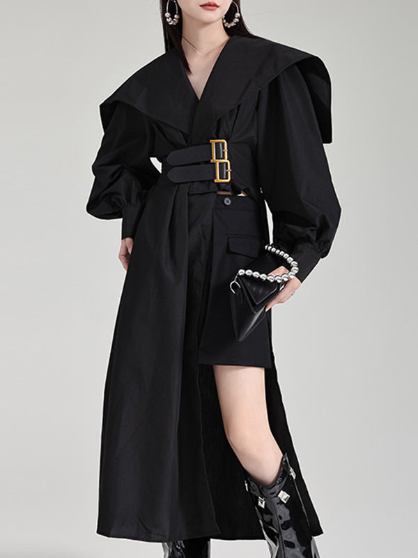 Asymmetric Belted Pleated Solid Color High Waisted Long Sleeves Lapel Midi Dresses