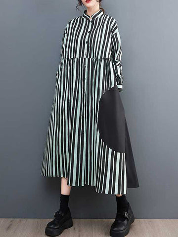 Buttoned Split-Joint Striped Long Sleeves Loose Mock Neck Midi Dresses