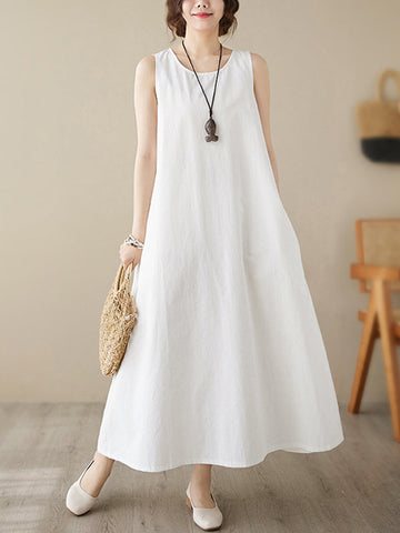 Solid Color Loose Sleeveless Round-Neck Midi Dresses