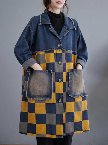 Buttoned Fringed Plaid Pockets Split-Joint Long Sleeves Loose Notched Collar Denim Outerwear