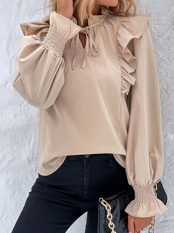 Drawstring Falbala Solid Color Long Sleeves Puff Sleeves Blouses