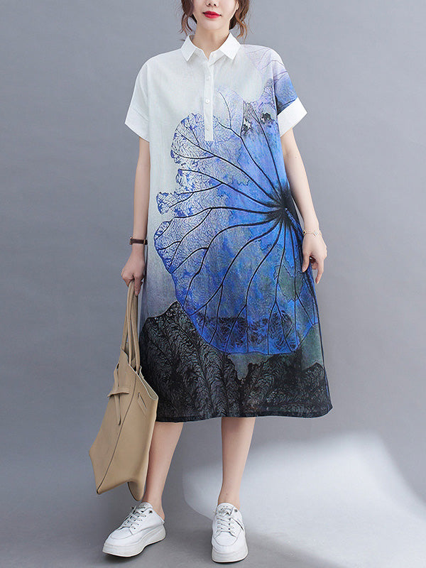 Artistic Retro Floral Printed Buttoned Lapel Collar Short Sleeves Midi Shirt Dress