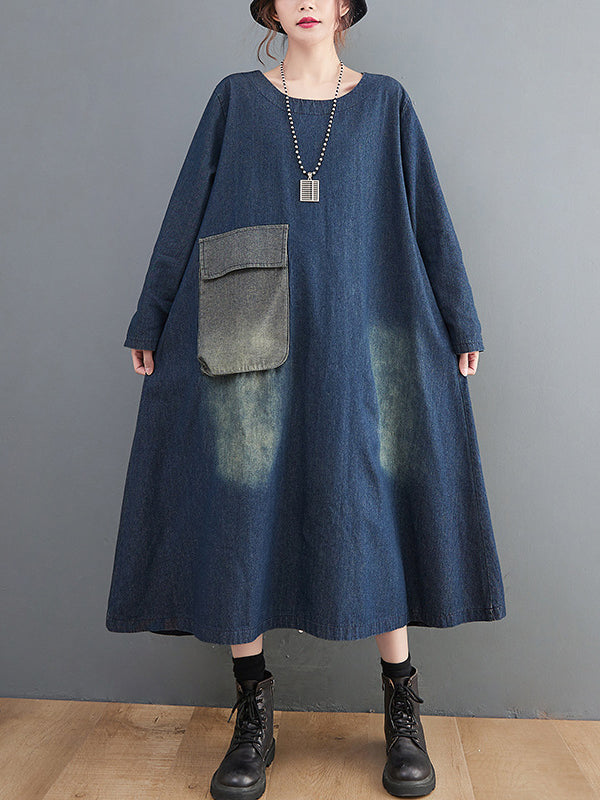 Artistic Retro Loose Denim Applique Round-Neck Long Sleeves Midi Dress