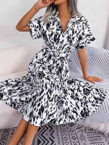 Leopard Ribbed Loose Short Sleeves Lapel Midi Dresses