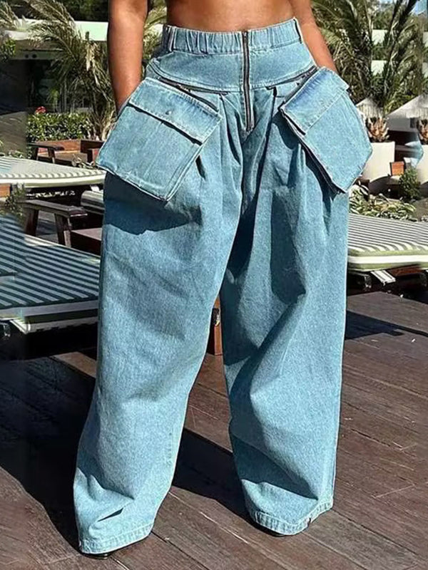 Pleated Pockets Split-Joint Zipper Loose Wide Leg Jean Pants Bottoms