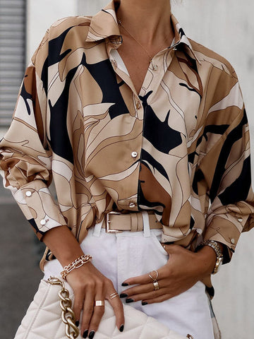 Buttoned Printed Long Sleeves Loose Lapel Blouses&Shirts Tops