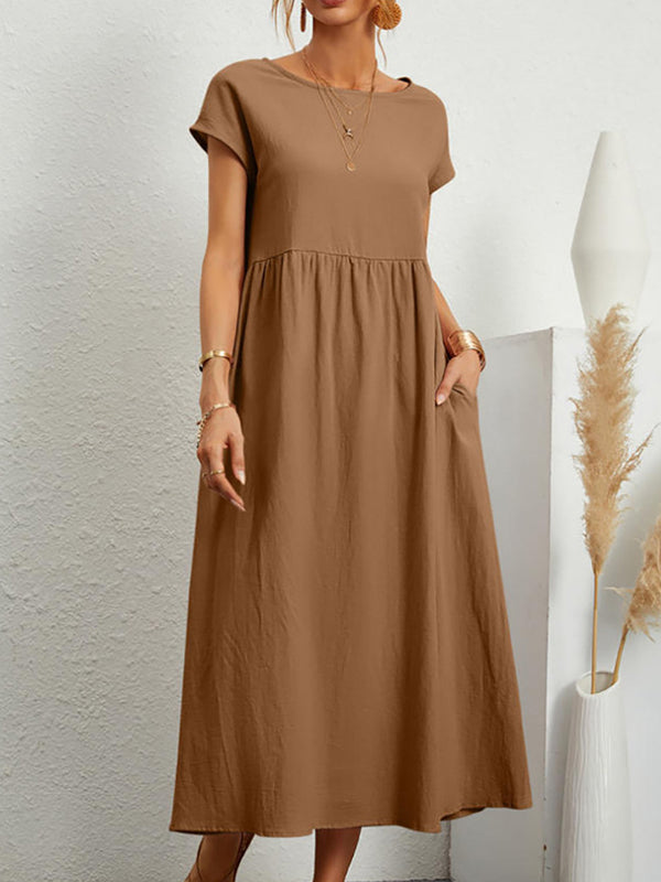 Pleated Solid Color Loose Short Sleeves Round-Neck Midi Dresses