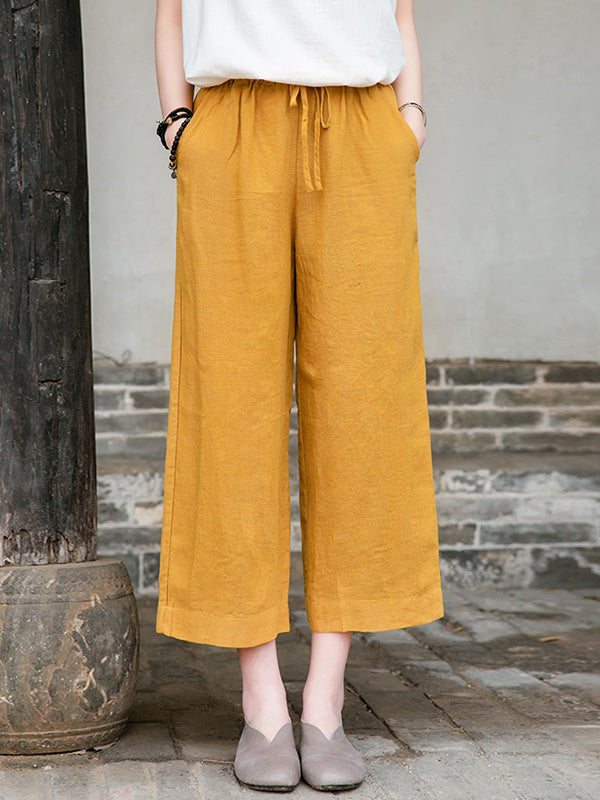 Simple Linen Column Elasticity Waist Pants