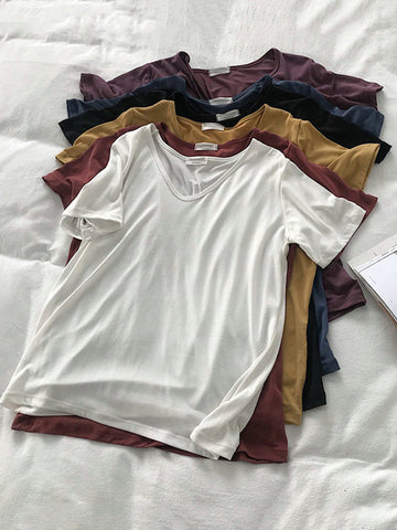 Solid Color Loose Short Sleeves U-Neck T-Shirts Tops