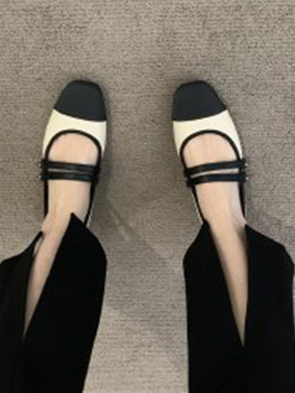 Contrast Color Round Cut Split-Joint Square-Toe Low Heels Flat Shoes Flats