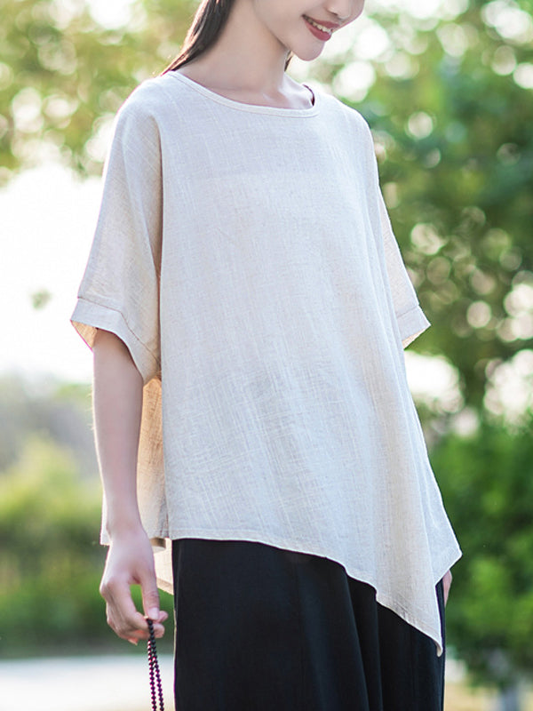 Artistic Retro Loose Linen Asymmetric T-Shirt Top