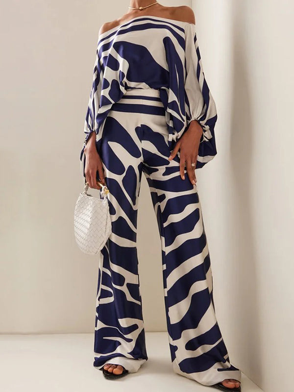 Printed Off-The-Shoulder Top + Wide Leg  Pants Two Pieces Set