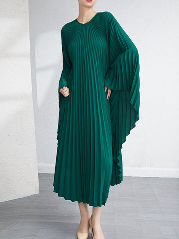 Urban Flared Batwing Sleeves Pleated Solid Color Round-Neck Midi Dresses