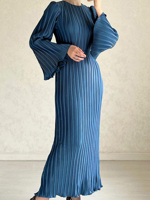 Flared Sleeves Long Sleeves Pleated Ruffled Solid Color Round-Neck Maxi Dresses