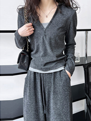 Buttoned Long Sleeves Hooded  T-Shirts Top + Vest Top + Wide Leg Drawstring Elasticity Pants Bottom Three Pieces Set