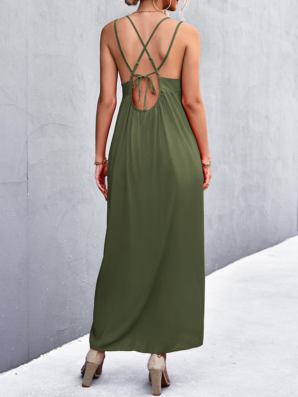 Backless Solid Color Tied A-Line High Waisted Deep V-Neck Slip Dress Midi Dresses