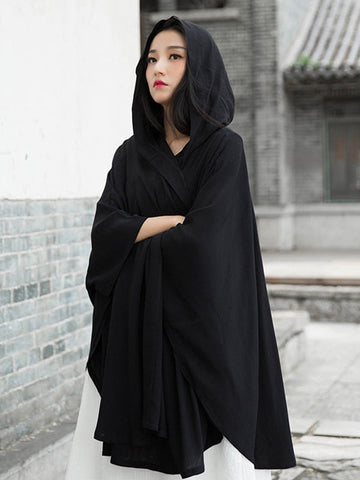 Simple Solid Loose Batwing Sleeve Hood Cape