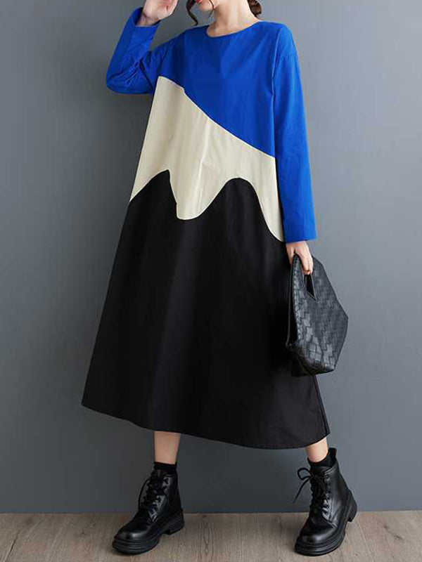 Contrast Color A-Line Long Sleeves Round-Neck Midi Dresses