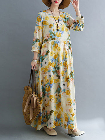 Flower Print Split-Joint Long Sleeves Loose Round-Neck Midi Dresses