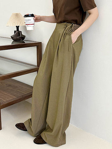 Lace-Up Pleated Solid Color Split-Joint High Waisted Loose Trousers Suit Pants