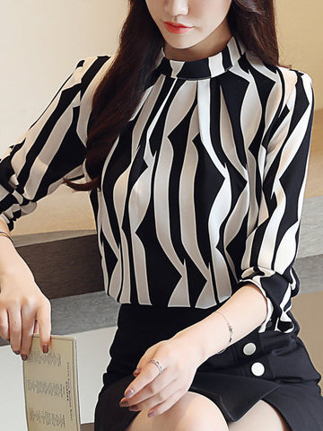 Contrast Color Printed Long Sleeves Loose Mock Neck Blouses&shirts Tops