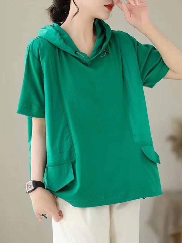 Solid Color Loose Short Sleeves Hooded T-Shirts Tops