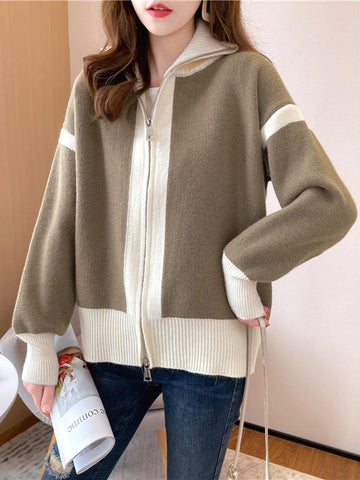 Casual Long Sleeves Contrast Color Zipper Stand Collar Cardigan Tops