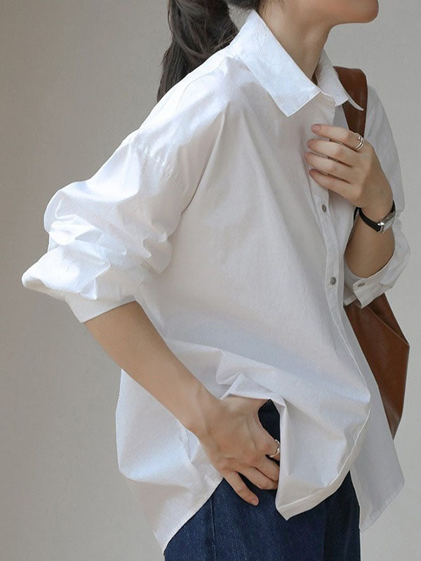 Buttoned Solid Color Long Sleeves Loose Lapel Blouses&Shirts Tops