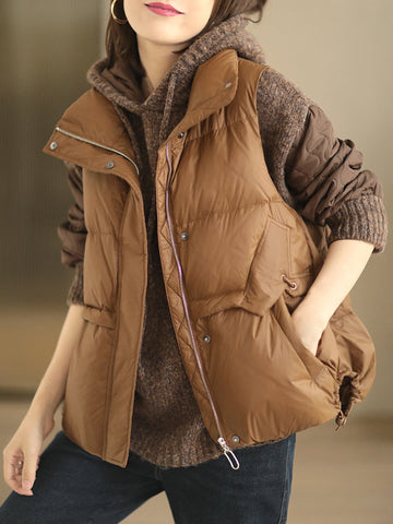 Original Creation Loose Sleeveless Solid Color Zipper High-Neck Vest Outerwear