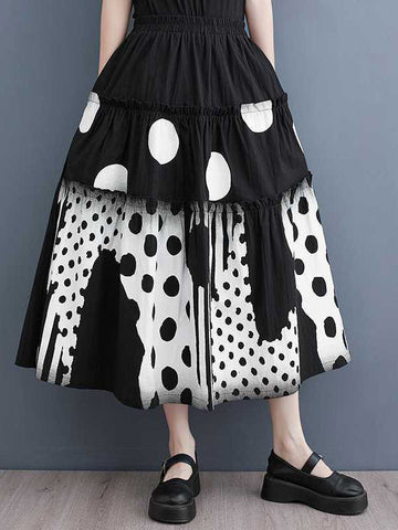 Elasticity Pleated Pockets Polka Dot Printed Ruffled Split-Joint Loose Skirts Bottoms