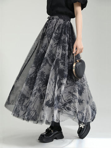 Gauze Pleated Printed Split-Joint A-Line Loose Skirts